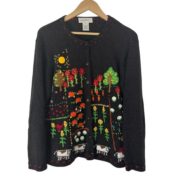 Vintage Susan Bristol Hand Embroidered Cardigan Sweater Pumpkins Scarecrow Large - Picture 1 of 10